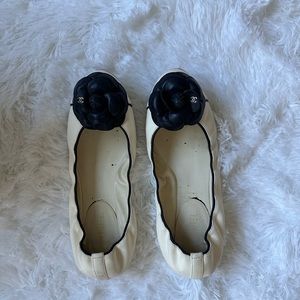 Chanel flats white with blue trims and  blue Camelia flower in front. Size 40.5